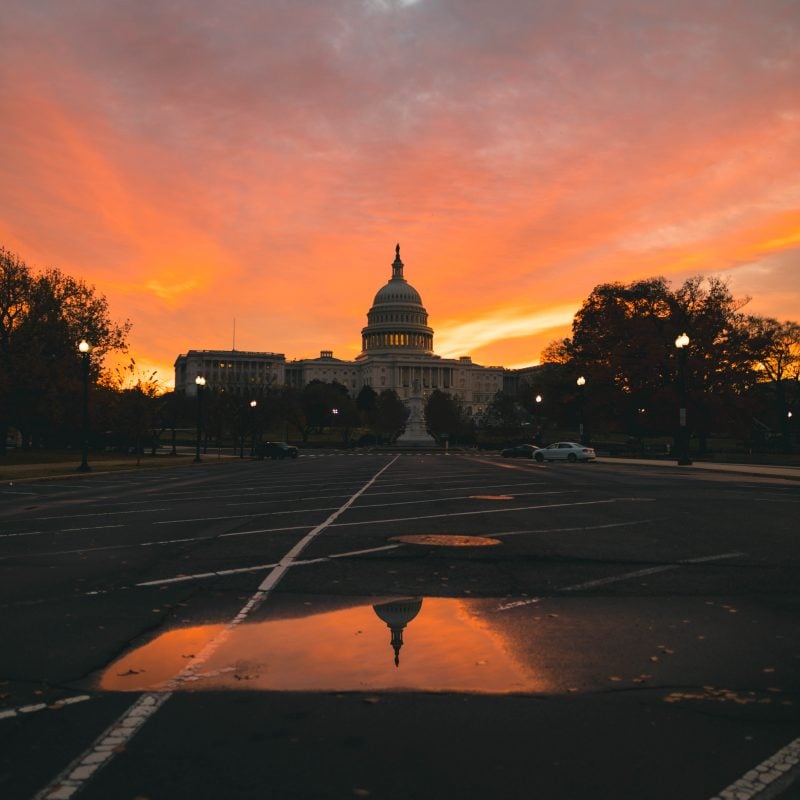 Us Captiol Sunrise Puddle Reflection