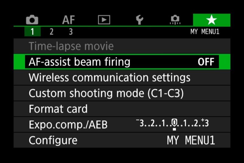 Canon EOS R Menu AF Assist Beam Firing Off