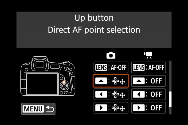 Canon EOS R Menu Arrow Button Settings