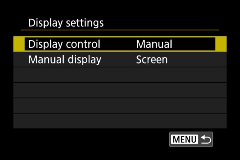 Canon EOS R Menu Display Settings Disable Viewfinder