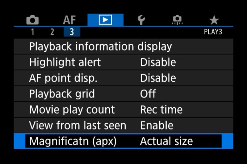 Canon EOS R Menu Magnification Actual Size