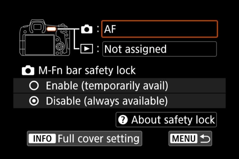 Canon EOS R Menu Touch Bar Settings