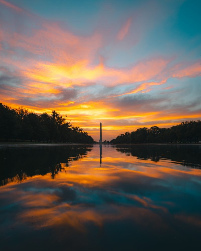 Orange Sunrise At The Lincoln Memorial Reflecting Pool