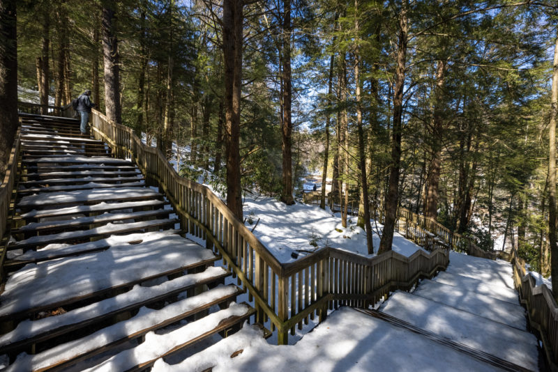 Wooden walkway to Blackwater falls covered in ice