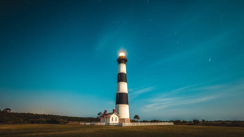 Night sky over Bodie Island Lighthouse with stars