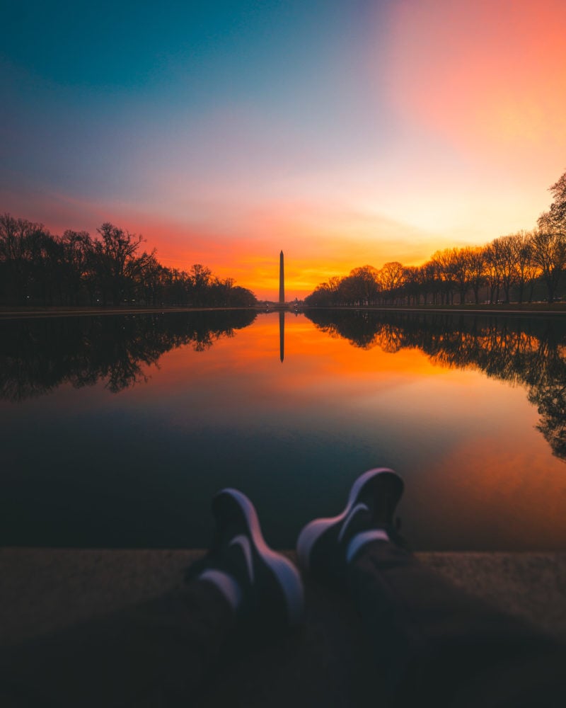 Enjoying a sunrise at the Reflecting Pool in Washington DC