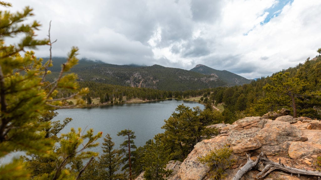 Elevated view of Lily Lake in Rocky Mountain National Park from the Lily Ridge Trail