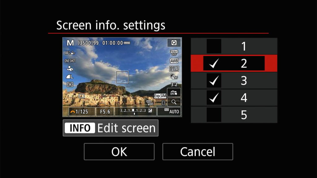 Canon EOS R50 screen info exhibit settings