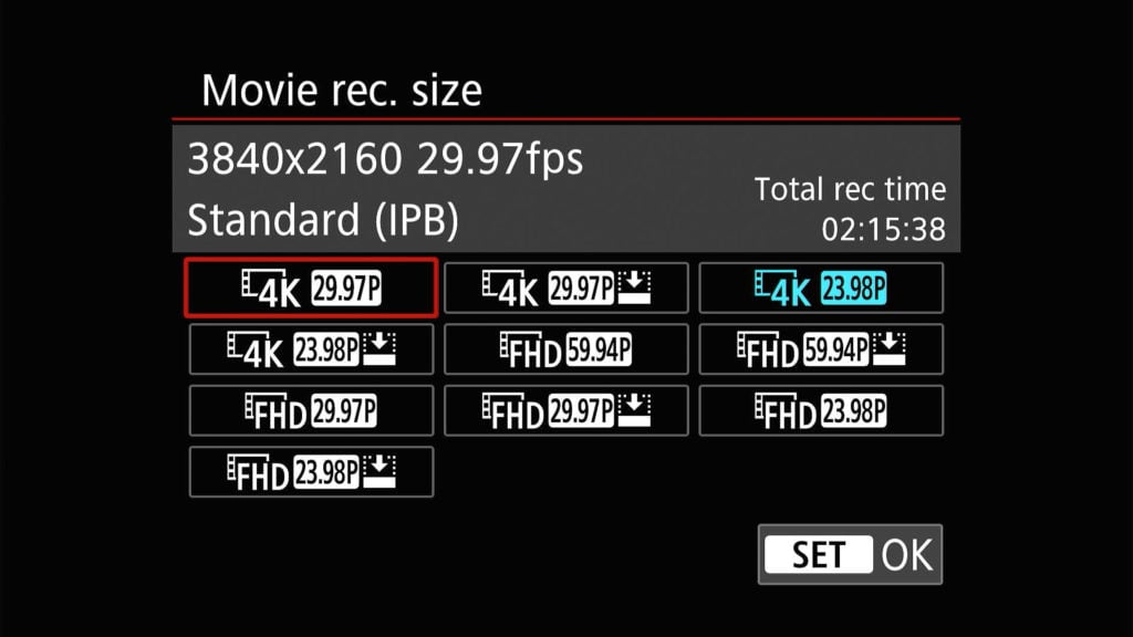 Canon EOS R50 movie recording size options