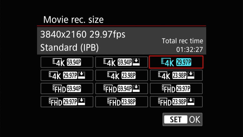 Canon R8 movie record size options