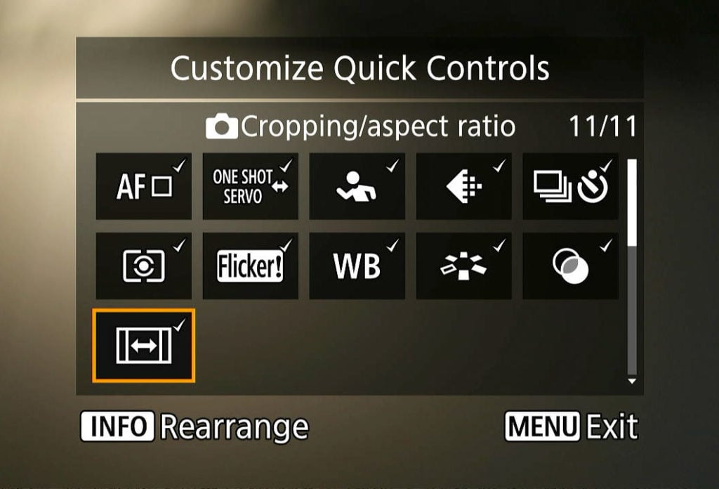 Canon R8 customize quick controls settings