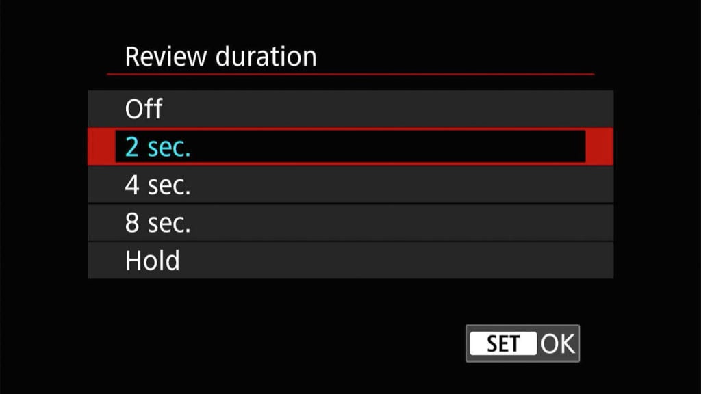 Canon R8 image review duration