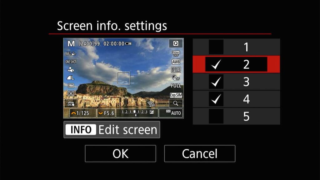 Canon R8 screen info settings