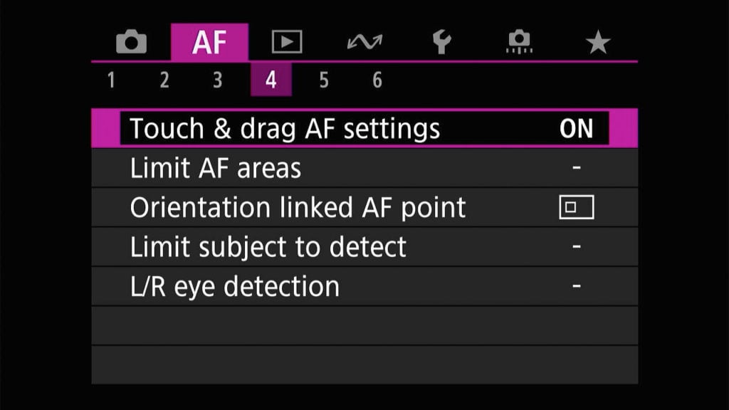 Canon R8 touch and drag settings