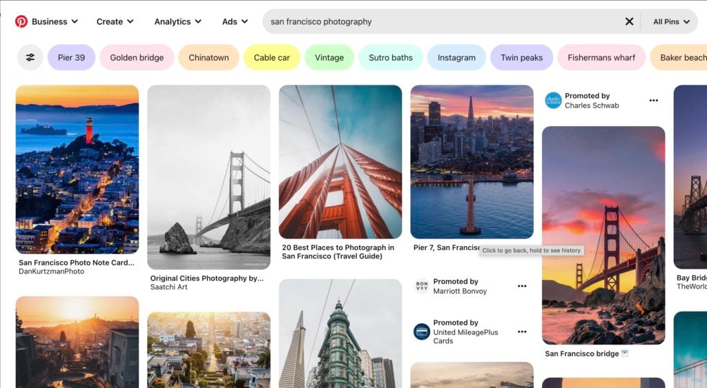 Researching photograpy locations on Pinterest
