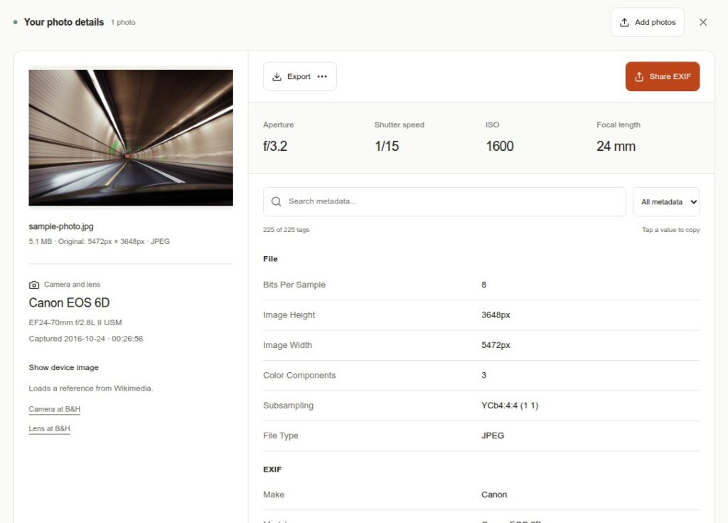 Online EXIF Viewer showing a photo's camera, lens, exposure settings and full metadata tag list