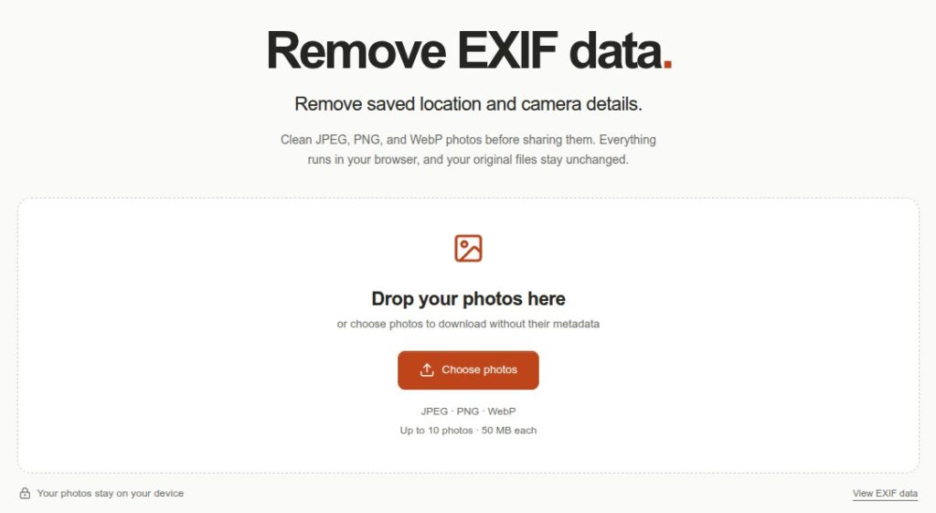 The Remove EXIF data tool with a drop zone for JPEG, PNG and WebP photos